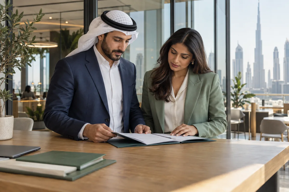 Company founders reviewing their registration documents in a Dubai office