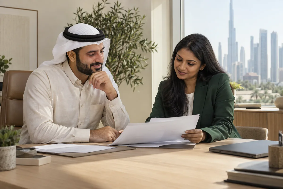 Tax consultants reviewing business documents together in a UAE office